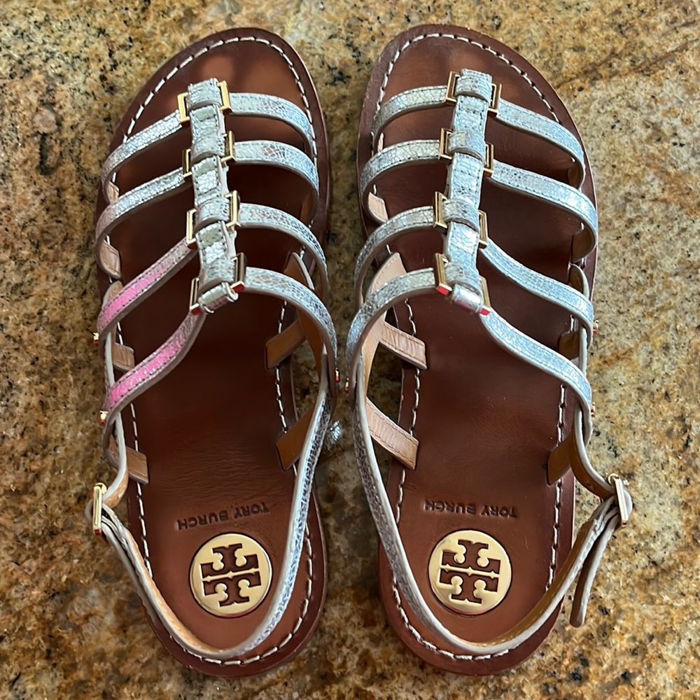Tory Burch “Reggie” silver gladiator style sandals size 9.5.